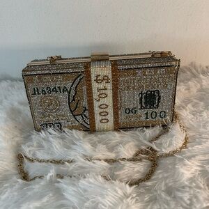 Embellished Gold & Silver Money-Print Evening Clutch